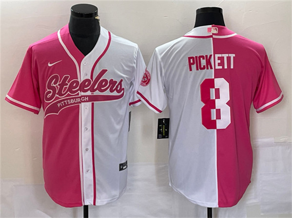Men's Pittsburgh Steelers #8 Kenny Pickett White Pink Split Cool Base Stitched Baseball Jersey